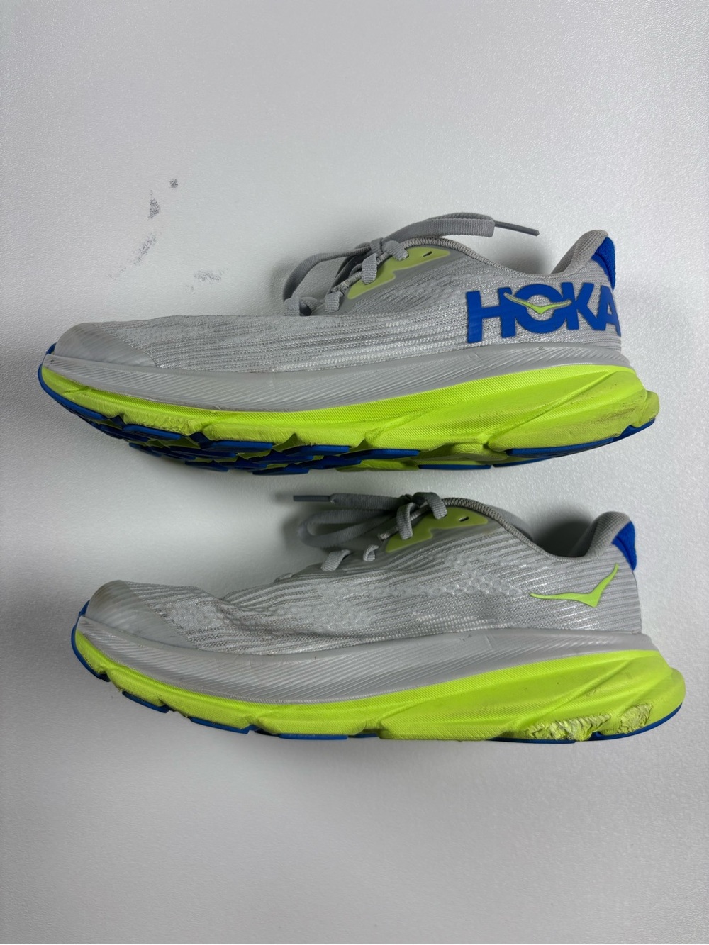 Hoka Clifton 9 Running Sneakers — Gray with Neon Yellow and Blue